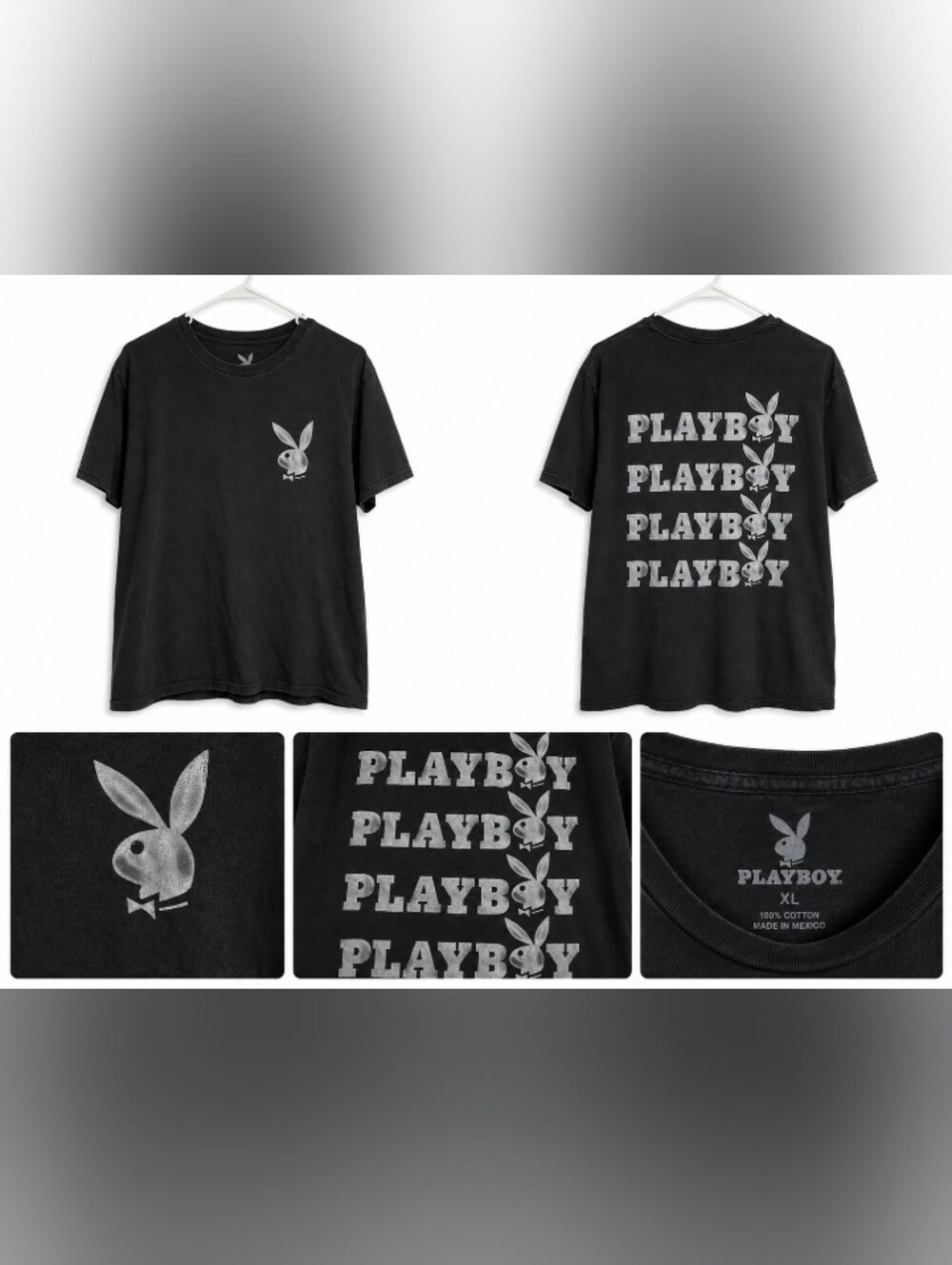 PLAYBOY Black Short Sleeve Tee with Repeat Logo Back and Small Front Bunny